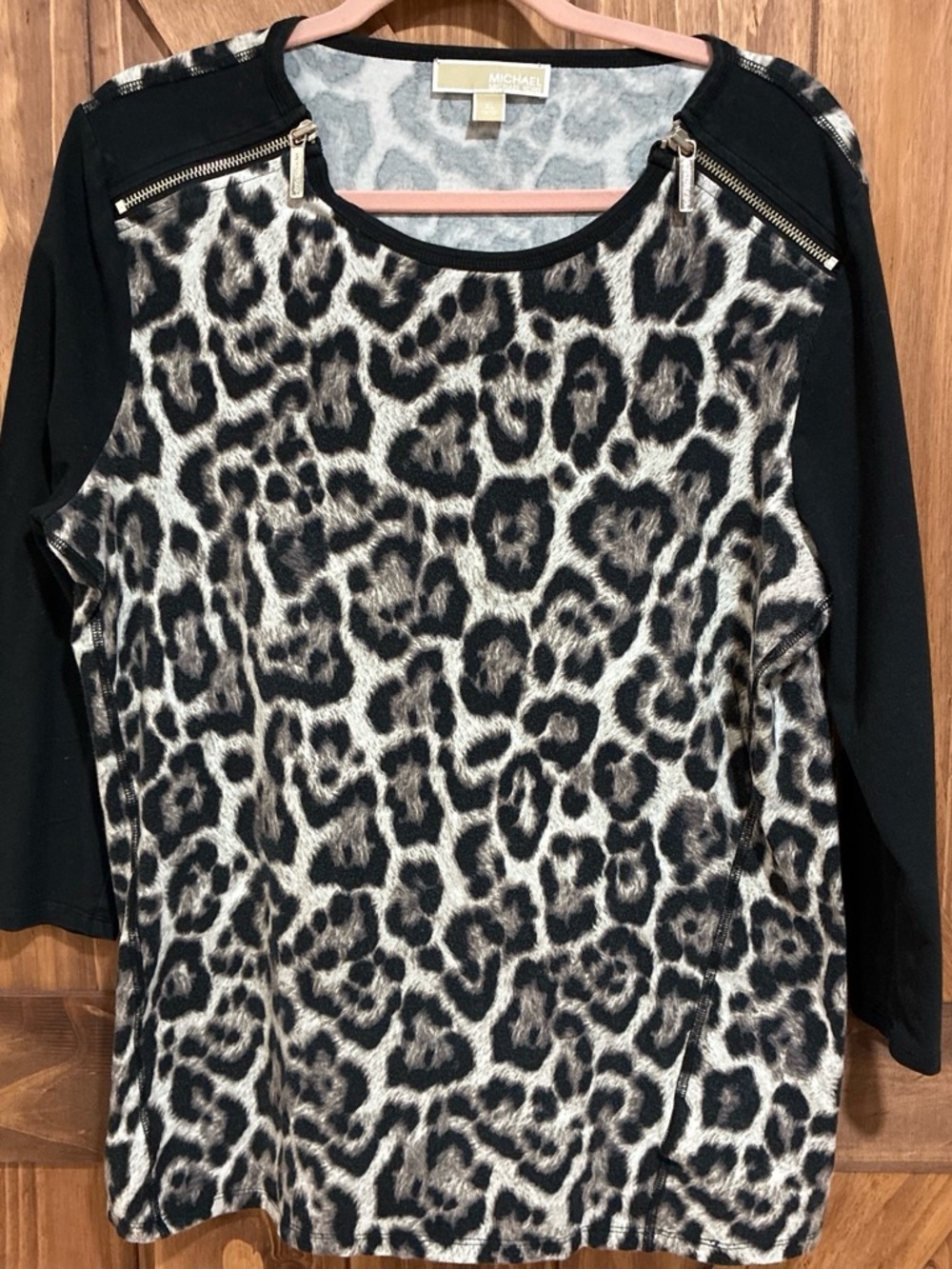Michael Kors Black and tan Leopard Zip-Shoulder Long Sleeve Top